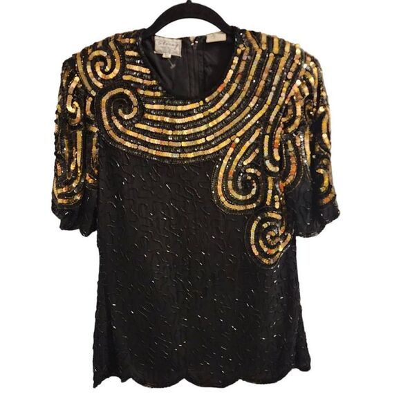 Stenay Vintage Silk Beaded Black Gold Top Size Small - Picture 1 of 13